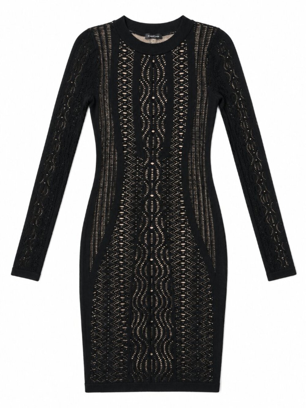 Bebe Black Open Knit Crochet Bodycon Dress M Nude Lined Y2K Sexy Knee Length - Picture 5 of 12